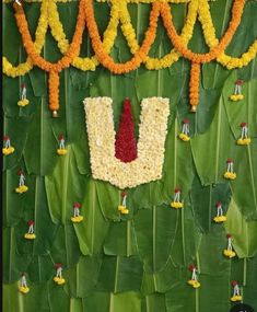 a bunch of flowers that are hanging on a wall in the shape of a letter u