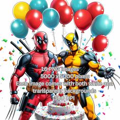 two deadpools standing next to each other in front of a cake with balloons