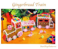 an advertisement for the gingerbread train is shown in pink and green, along with other items