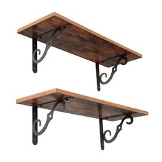 two wooden shelves with metal brackets on them