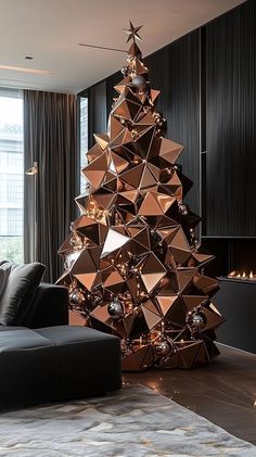 a modern christmas tree in the middle of a living room