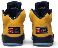 Released in August 2019 . the Air Jordan 5 Retro ‘Michigan’ sneaker pays homage to the legendary Michigan Wolverines through official team colors. Its Amarillo nubuck upper is tooled with TPU mesh midfoot inserts . toggled lacing and a forward-facing . embroidered Jumpman. The style’s moniker is worn on the reflective tongue . with a retro tag stitched to the heel. A speckled shark tooth graphic is placed on the sidewall . finished off with a Navy midsole that showcases the vis Jordan 1 Milan, Air Jordan 1 Fearless, Jordan 1 Fearless, Air Jordan 1 Chicago, Campus Adidas, Jordan 1 Blue, Jordan 1 Black, Jordan Ones, Nike Air Jordan 5