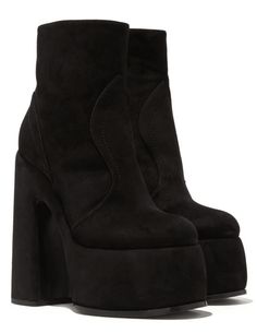 Casadei Rock Suede Platform Boot in black. All Sale Merchandise is FINAL SALE. 70's contemporary aesthetic. Black suede. Round toe. Ankle boot. Side zip closure. Heel: 160 mm / 6.3 in. Concealed platfrom: 60 mm / 2.3 in. Made in Italy. Great Neck New York, Hello Lover, Aesthetic Black, Contemporary Aesthetic, Platform Boots, How To Be Outgoing, Black Suede, Side Zip, Final Sale