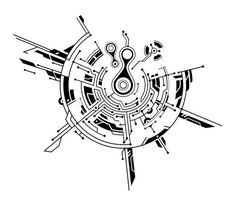 an abstract black and white image of scissors in the center of a circular maze with arrows