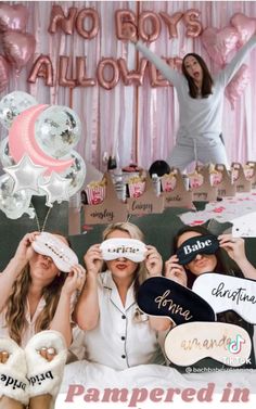 three women in white shirts and pink balloons are posing for a photo with masks on their eyes