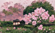 a painting of pink flowers in the foreground and a small house in the background