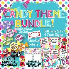 the candy theme bundle includes buttons, labels and other items