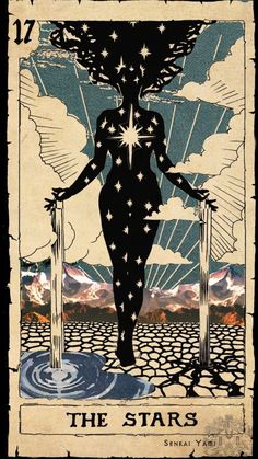 the star tarot card is shown with an image of a woman holding two poles