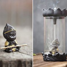 two pictures one is black and the other has gold accents on it, while the other shows a cat in a glass container