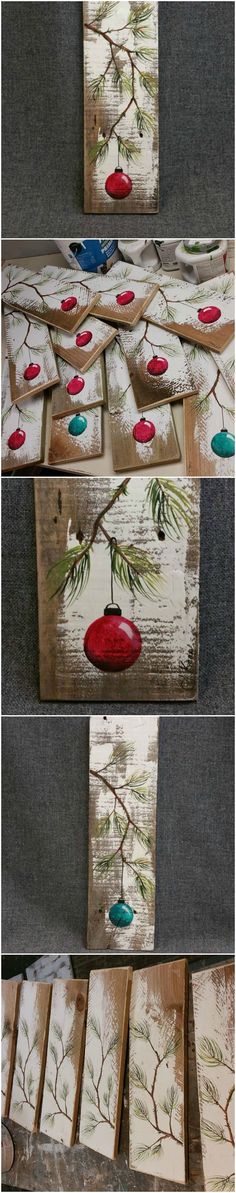 four different pictures of paintings on wood with red and blue flowers in the middle, one is