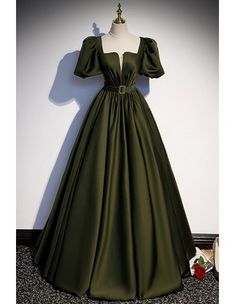 10% off now! Shop chic long green square neck satin prom dress adorned with bubble sleeves online. Sheprom offers formal, party, casual & more style dresses to fit your special occasions. Satin Long Prom Dress, A Line Evening Dress, Floor Length Prom Dresses, Long Evening Gowns, Formal Party Dress, Green Prom Dress, Graduation Ceremony, Gowns With Sleeves, Prom Night