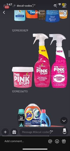 the pink stuff is on display with other items