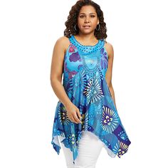 Plus Size Floral Handkerchief Tunic Tank Top - Deep Sky Blue - 3S77424912 - Original Design-Women's Clothing, Tank Tops  #TankTops #Original #DesignWomen's #Clothing # #Tank #Tops Handkerchief Top Outfit, Deep Sky Blue, Handkerchief Top, Strappy Tank Tops, Tunic Tank Tops, Boho Tunics, Plus Size Tank Tops, Trendy Plus Size Clothing, Handkerchief Hem