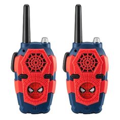 two children's walkie talkies with spiderman faces