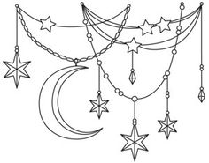 a drawing of stars and crescents hanging from the ceiling