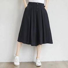 Women Culottes Summer Plus size Loose Wide Leg Pants High waist Cotton – lastrafashion Knee-length Summer Bottoms With Buttons, Casual Buttoned Knee-length Bottoms, Baggy High-waisted Pleated Bottoms, Casual Knee-length Bottoms With Buttons, Summer Baggy Pleated Bottoms, Baggy Cotton Pleated Skirt, Casual Knee-length Bottoms With Button Closure, Spring Button-up Solid Color Bottoms, Chic Non-stretch Knee-length Bottoms