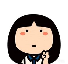 a cartoon girl with black hair wearing a blue shirt and tie, holding her hand up to the side