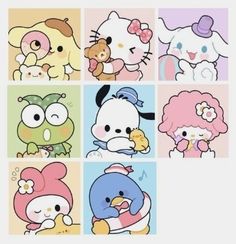 hello kitty and other cartoon characters are depicted in the same square pattern, each with different colors