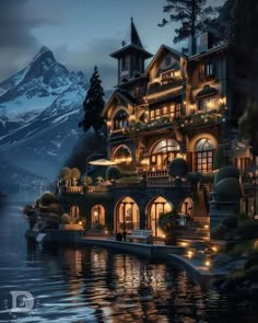 an image of a house that is lit up in the night with mountains behind it