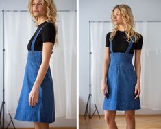 Buy 3 items and get 30% off your entire order. Limited offer. All orders are shipped via FedEx. Shipping to the US typically takes 2 to 3 business days, while within the EU, it takes 2 to 6 business days. An adorable vintage pinafore mini dress made of pure cotton denim in mid-blue. It has an A-line cut, featuring regular straps and back zipper closure. Please note that you can move the buttons on the straps to adjust for length by re-sewing them (if you like). Unlined. Material: 100% cotton Con Vintage Pinafore, Denim Pinafore, A Line Shorts, Apron Dress, Black Stains, Denim Mini Skirt, Vintage Jeans, Vintage Denim, Skirt Length