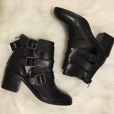 Gorgeous Black Ankle Booties With Chop Outs. These Were Bought At A Store Called Next In London. 1.5" Block Heel. Black Leather. Back Zip. Gunmetal Hardware. Please Note Writing On Outsole Edgy Ankle-high Spring Booties, Edgy Spring Ankle-high Booties, Spring Edgy Ankle-high Booties, Black Ankle Booties With Buckle Closure, Black Booties With Buckle Closure For Fall, Black Block Heel Booties For Spring, Black Booties With Stacked Block Heel, Black Low Heel Booties With Stacked Heel, Black Booties With Stacked Low Heel