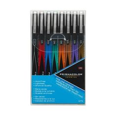 six assorted pens in a package on a white background