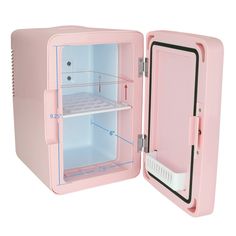 a pink mini fridge with the door open and shelves on both sides, showing how much space it holds