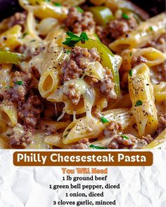 a poster with some pasta and meat in it