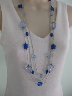 Blue Jeans Long Beaded Necklace, Silver Chain, Blue Beaded Necklace,Long Silver Chain Necklace,Blue Acrylic Beads,Multi Strand Long Necklace Pearl Jewelery, Necklaces Blue, Silver Chain Earrings, Jeans Long, Blue Beaded Necklace, Wire Jewelry Designs, Handmade Beaded Necklaces, Long Beaded Necklace, Matching Jewelry