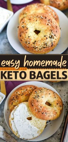 homemade keto bagels on white plates with text overlay