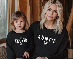 Personalized Auntie and Aunties Bestie Shirts, Auntie Me Sweatshirts, Aunt Sweatshirt, Aunt Niece Shirts, Best Gifts for Aunt, Aunt Nephew PLEASE check the shop announcements on the main page before making a purchase. ❤If you want this design on short sleeves, tank top or long sleeves please let me know❤ If your shirt smells like vinegar, it is most likely printed using a direct-to-garment printer. The vinegar mixture is used as a pre-treat, allowing the ink to adhere to the fabric effectively. The vinegar pre-treat is 100% water-based (eco-friendly and safe) the smell and pretreat stains will wash out during the first wash. Brand: Rabbit skin-Toddlers Brand: Gildan- youth hoodies and sweatshirts Brand: Gildan -Adult hoodies and sweatshirts These are UNISEX fit! Make sure to choose your si Aunt Niece Shirts, Bestie Sweatshirts, Aunties Bestie, Aunt And Niece Shirts, Aunt Nephew, Aunt Sweatshirt, Aunt Niece, Gifts For Aunt, Auntie Gifts