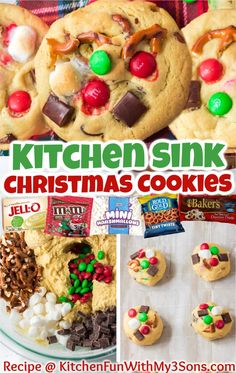 a collage of christmas cookies with candy and candies on them, including chocolate chip cookies