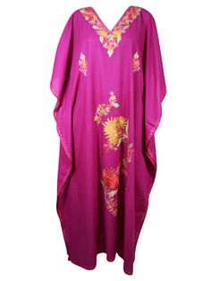 Womens Purple Hand Embroidered Caftan L-3XL Stylish Maxi Dress, Purple Hands, Pink Boho