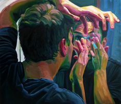 a painting of a man holding his hands up to his face