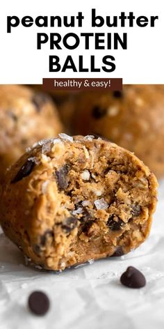 a close up of a peanut butter protein ball with chocolate chips on the side and text overlay