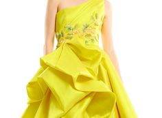 one shoulder draped bodice gown with satin ruffle and floral embroidery Yellow Gold Dress, Draped Bodice, Floral Embroidery, Bodice, One Shoulder, Yellow Gold, Satin, Couture, Embroidery