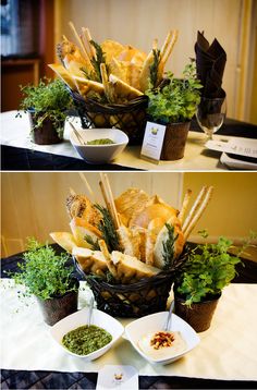 there are two pictures of food in baskets on the table