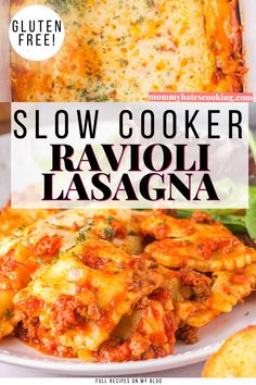 slow cooker ravioli lasagna with text overlay