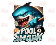 the logo for pool shark 8, which features an image of a shark with a bat