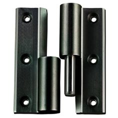 two black door hinges with holes on each side and one in the middle