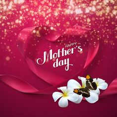 happy mother's day greeting card with flowers and butterfly on pink background, 3d illustration