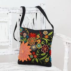 Floral Embroidery on Black Cotton Blend Shoulder Bag. $34 Embroidery On Black, Applique Flower, Hot Bags, Handmade Tote, Handbag Outlet, Purse Styles, Black Textures, Fabric Bags, Handbags Online