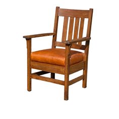 a wooden chair with brown leather seat and armrests on an isolated white background