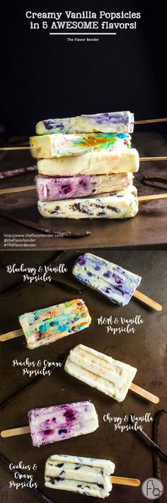 ice cream popsicles are stacked on top of each other with different flavors and toppings