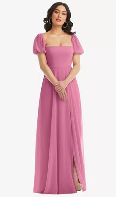 Puff Sleeve Chiffon Maxi Bridesmaid Dress With Front Slit In Orchid Pink | The Dessy Group Maxi Bridesmaid Dresses, Infinity Dress, Dress Order, Blue Bridesmaid Dresses, Wedding Checklist, Blue Bridesmaids, Chiffon Maxi, Chiffon Maxi Dress, Dress Measurements