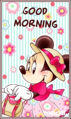 a cartoon minnie mouse in a pink dress and hat with flowers on the wall behind her