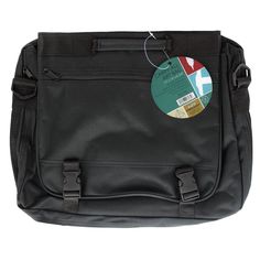 a black messenger bag with a circular tag on it