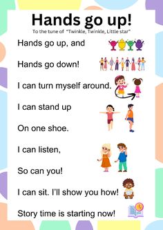 a poster with the words hands go up and pictures of children in different colors on it