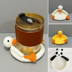 crocheted penguin and duck coasters are shown in four different photos, including one with a can opener