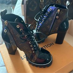 Women’s Louis Vuitton Bootie Brand New Never Been Worn Luxury Lace-up Patent Leather Boots, Louis Vuitton Rain Boots, Womens Louis Vuitton, Louis Vuitton High Heels, Monogram Boots, Suede Cowboy Boots, Chunky Heel Boots, Black Louis Vuitton, Boots For Short Women